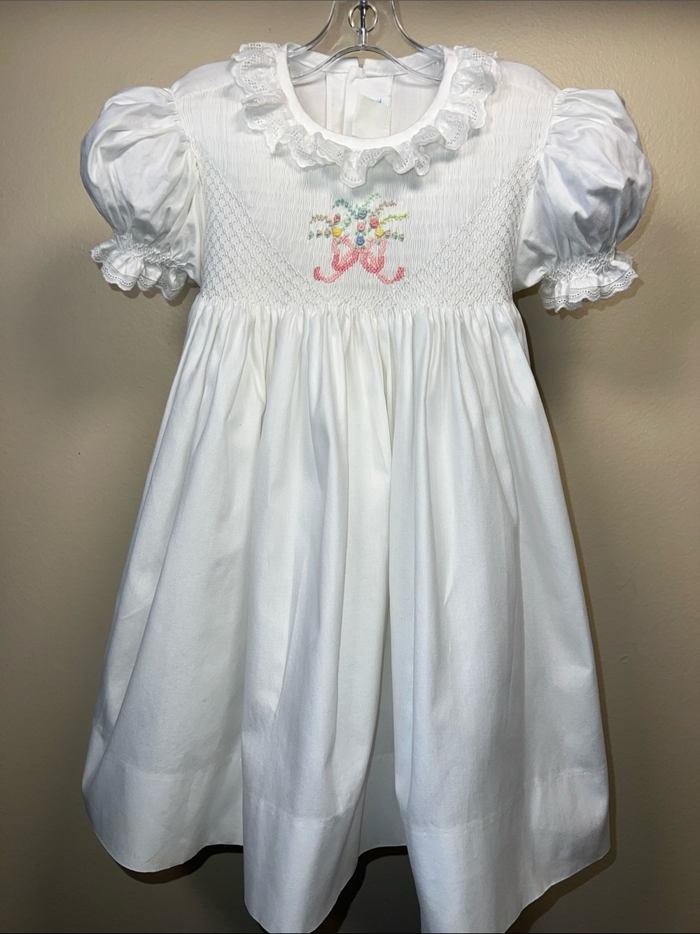 Vintage White Smocked Dress with Pink & Pastel Floral Embroidery
